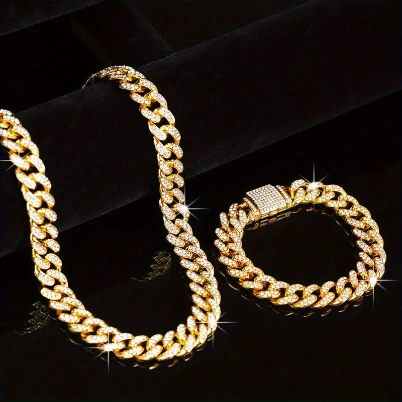 2-Piece Punk Chain Necklace and Bracelet Set – Trendy Hip Hop Jewelry for Men and Women