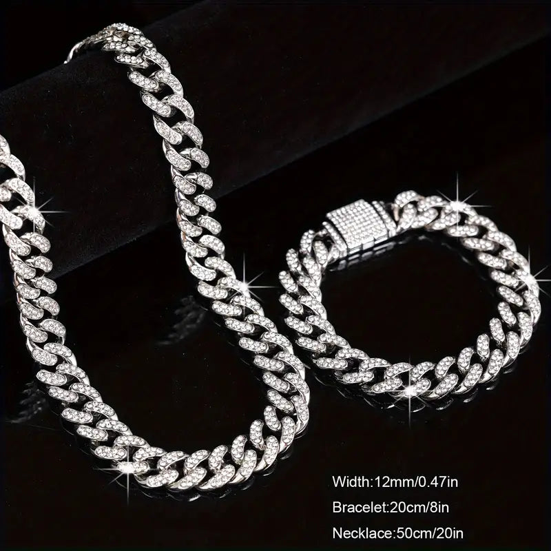 2-Piece Punk Chain Necklace and Bracelet Set – Trendy Hip Hop Jewelry for Men and Women