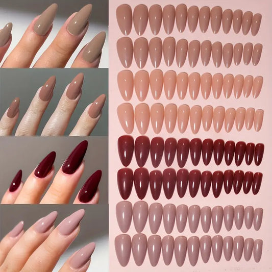 96-Piece Almond-Shaped Press-On Nails Set – Medium Length, Glossy Nude & Brown Acrylic Nails for Women and Girls, Perfect for Holiday Nail Art