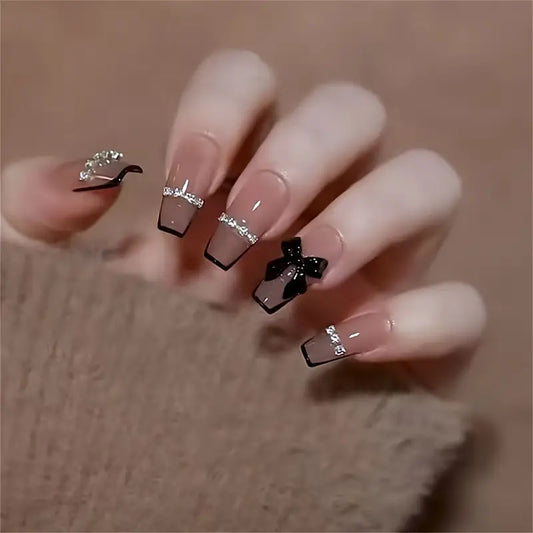 "24-Piece Black French Tip Press-On Nails with 3D Bow & Rhinestone Chain"